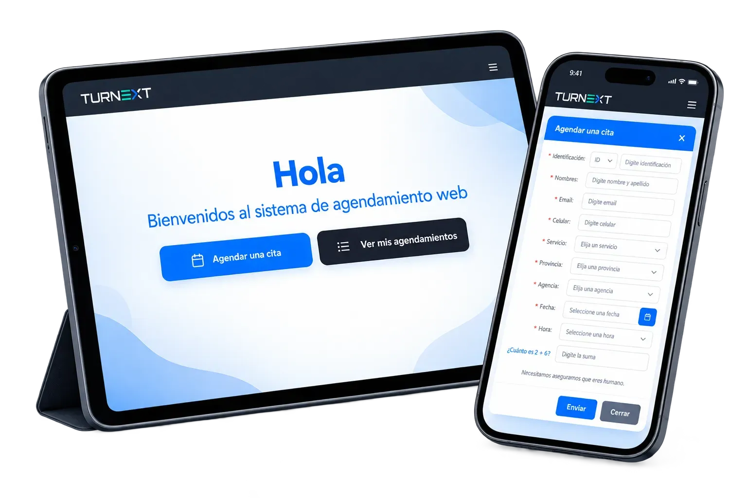 Tablet y celular mostrando el portal de agendamiento de Turnext: la pantalla de bienvenida con los botones para agendar una cita o ver los agendamientos, y el formulario de reserva abierto.