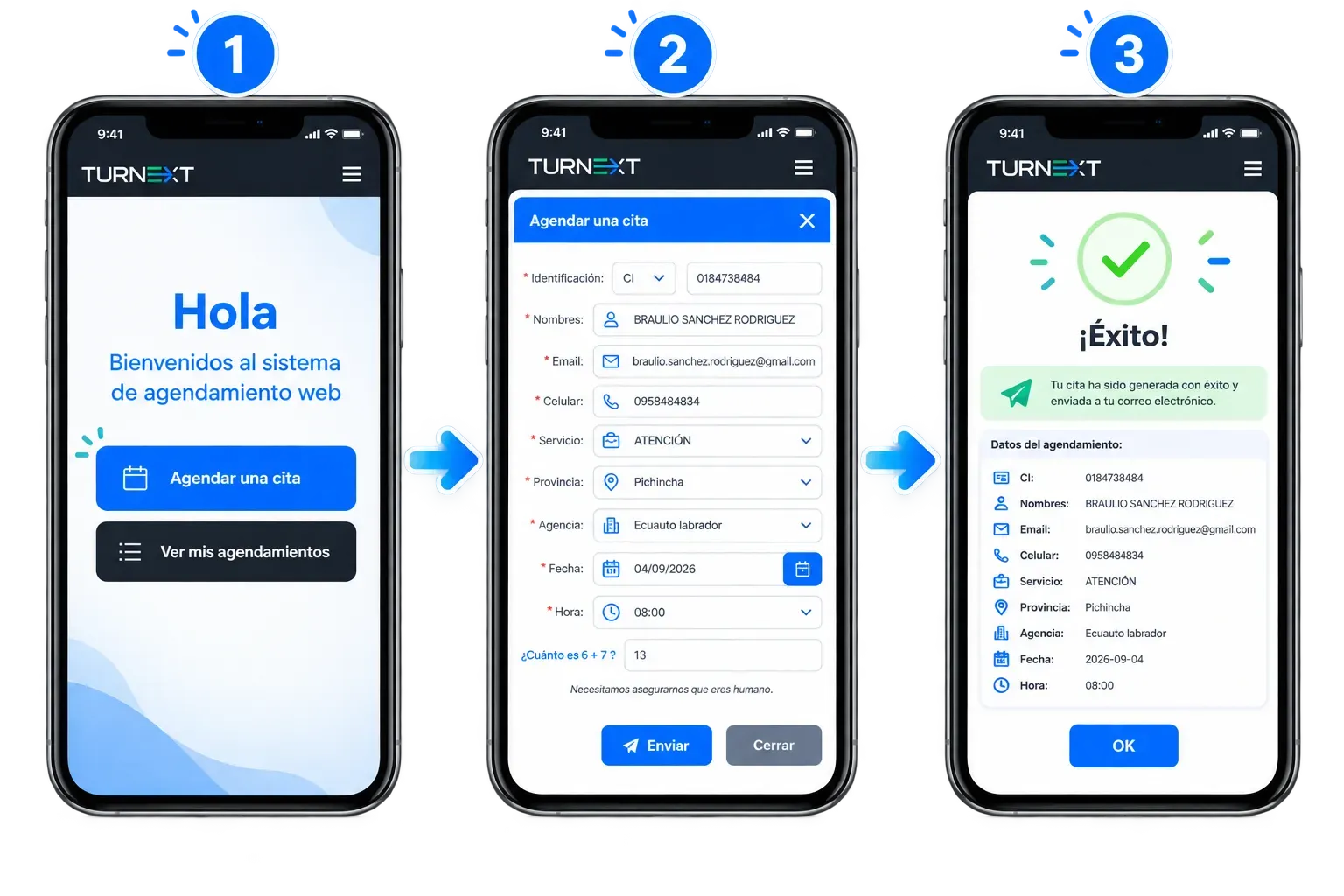 Los tres pasos de la reserva en pantallas de celular: la bienvenida del portal, el formulario con identificación, servicio, agencia y fecha, y la confirmación de que la cita se generó con éxito.
