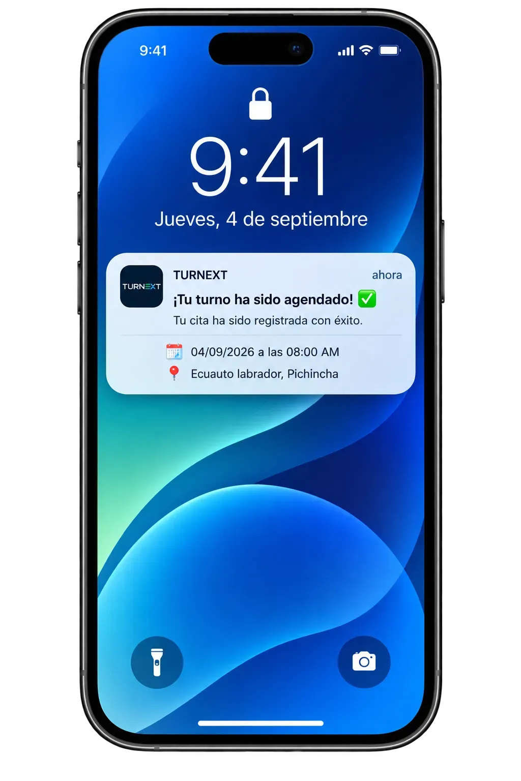Pantalla de bloqueo de un celular con la notificación de Turnext: «Tu turno ha sido agendado», junto con la fecha, la hora y la agencia asignada.